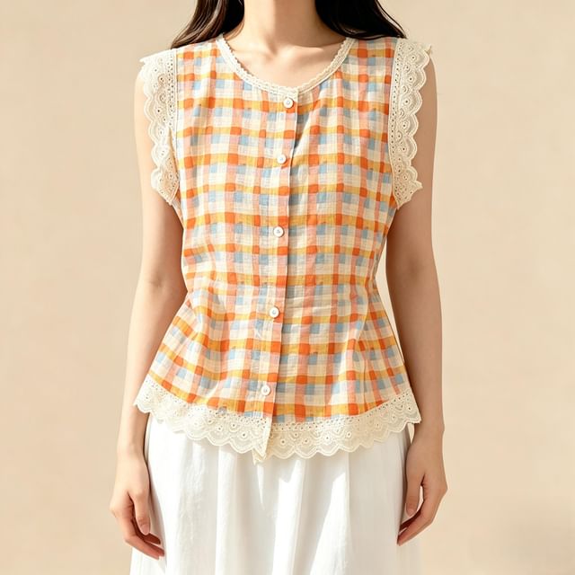 Lemongrass-Sleeveless Round Neck Plaid Panel Embroidered Eyelet Button Top