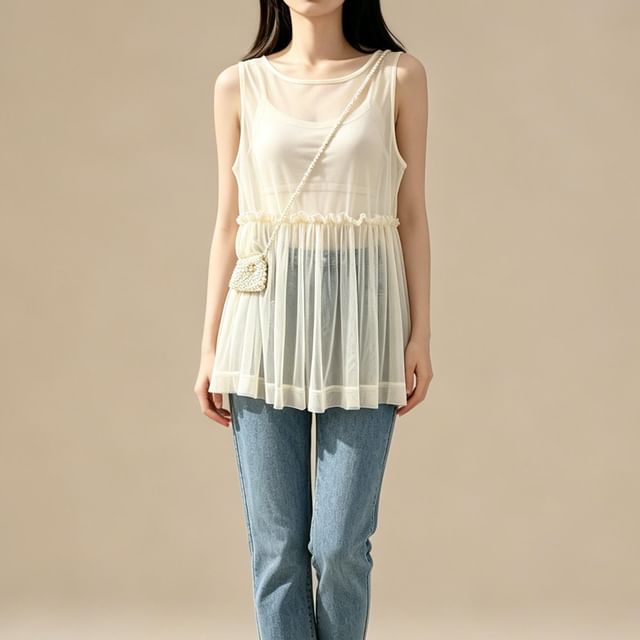 Lemongrass-Sleeveless Round Neck Plain Gathered Panel Mesh Top