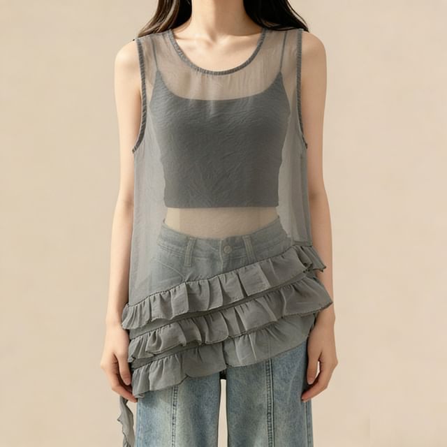 Lemongrass-Sleeveless Round Neck Plain Ruffle Hem Asymmetrical Top