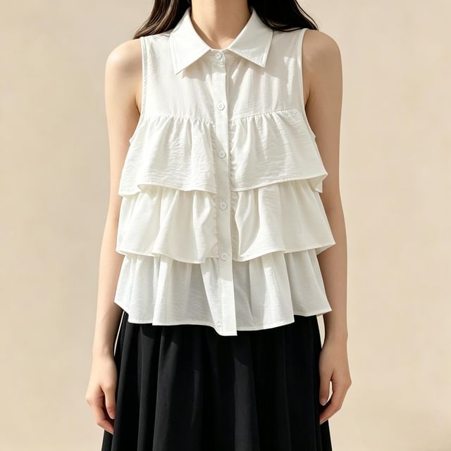 Lemongrass-Sleeveless Ruffle Plain Shirt