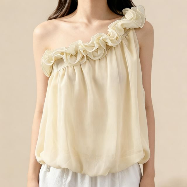 Lemongrass-Sleeveless Single Shoulder Plain Ruffle Trim Top