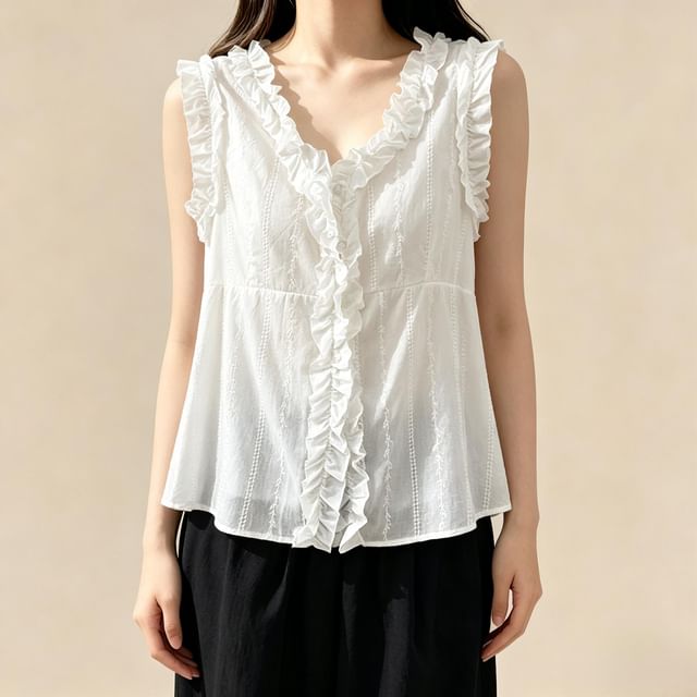 Lemongrass-Sleeveless V-Neck Plain Ruffle Button Top