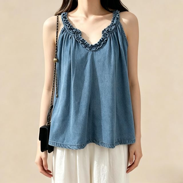 Lemongrass-Sleeveless V-Neck Plain Top