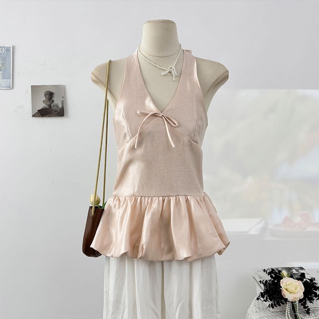 Lemongrass-Sleeveless V-Neck Satin Plain Top