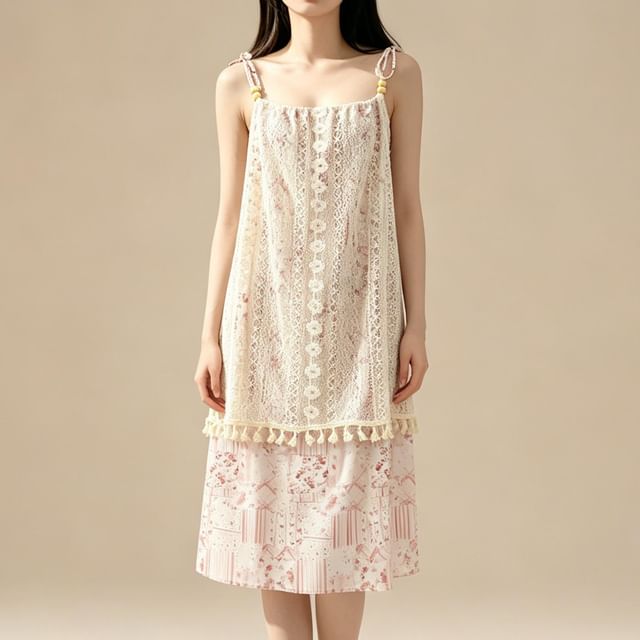 Lemongrass-Spaghetti Strap Beaded Print Midi Shift Dress