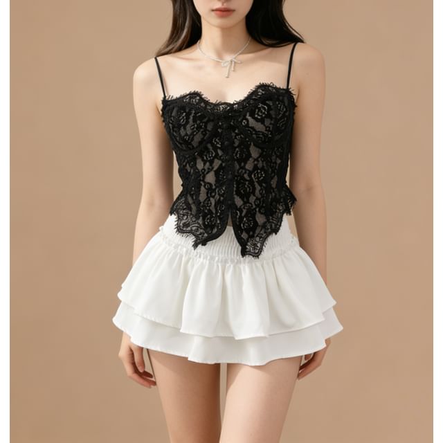Lemongrass-SpaghettI Strap Lace Bustier Top
