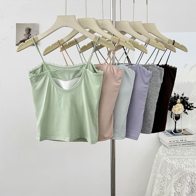 Lemongrass-Spaghetti Strap Lace Trim Camisole Top