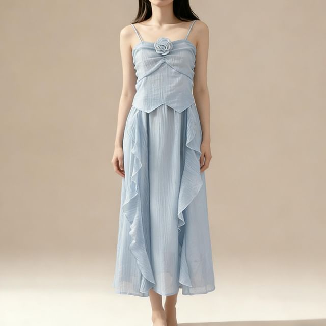 Lemongrass-Spaghetti Strap Plain Flower Detail Ruffle Panel Maxi A-Line Dress