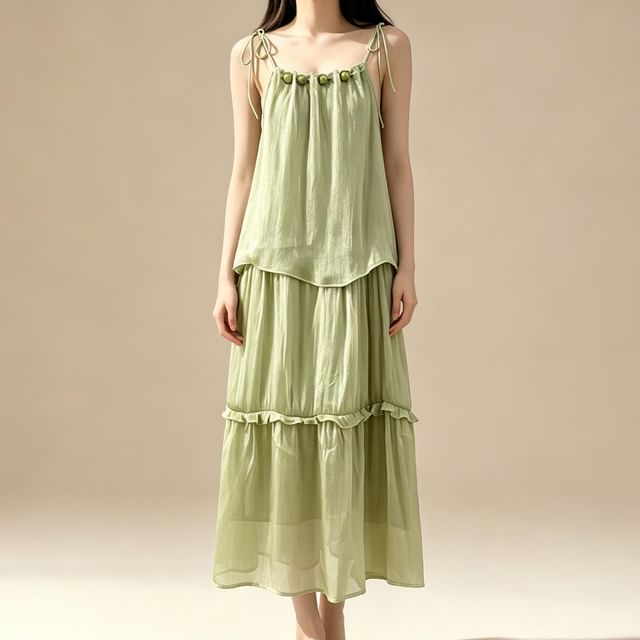 Lemongrass-Spaghetti Strap Plain Ruffle Maxi Sundress