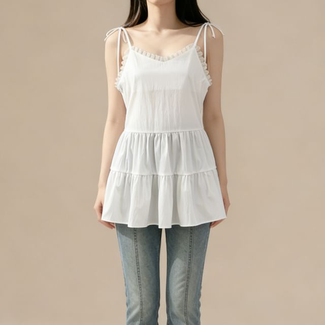 Lemongrass-Spaghetti Strap Plain Ruffle Panel Mini A-Line Dress