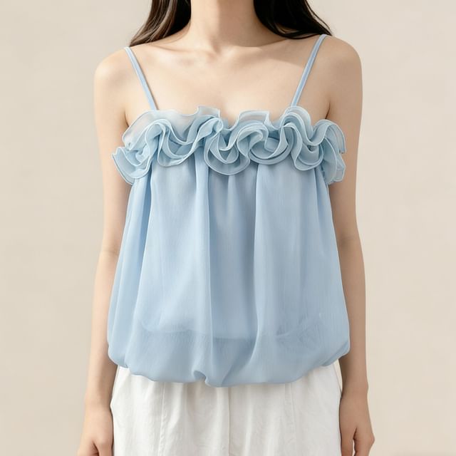 Lemongrass-Spaghetti Strap Plain Ruffle Trim Camisole Top