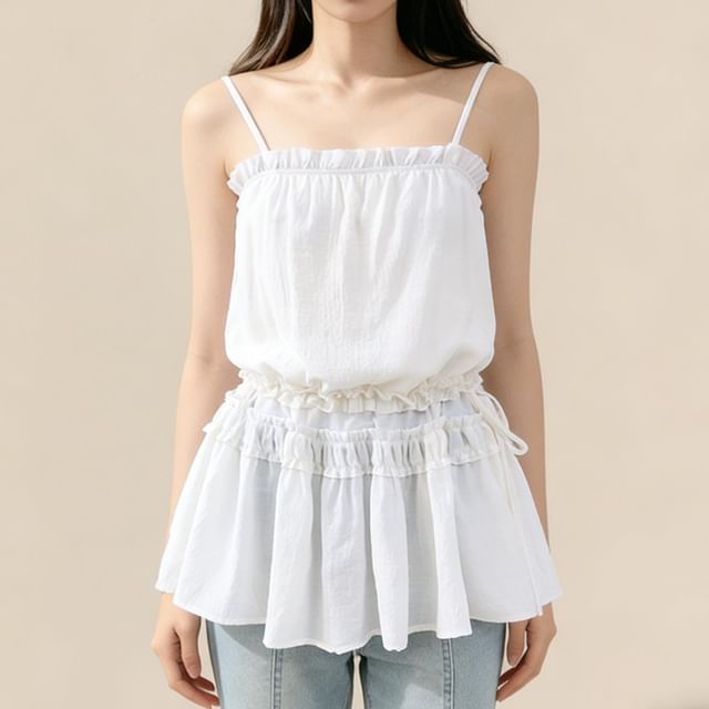 Lemongrass-Spaghetti Strap Plain Ruffle Trim Long Camisole Top