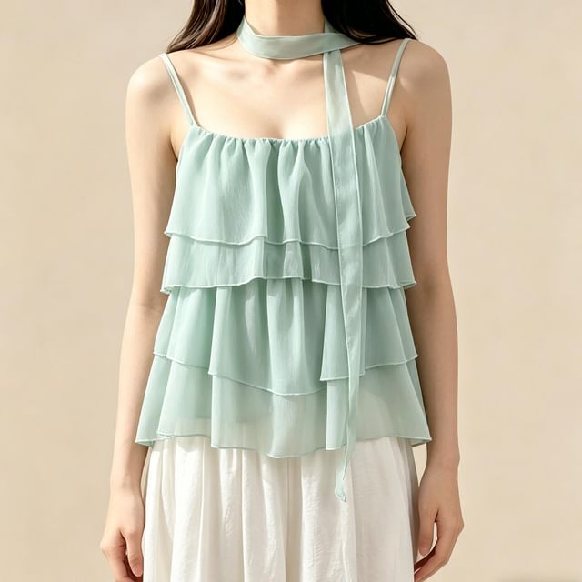 Lemongrass-Spaghetti Strap Plain Tiered Camisole Top