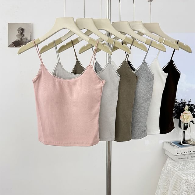 Lemongrass-Spaghetti Strap Scoop Neck Plain Camisole Top