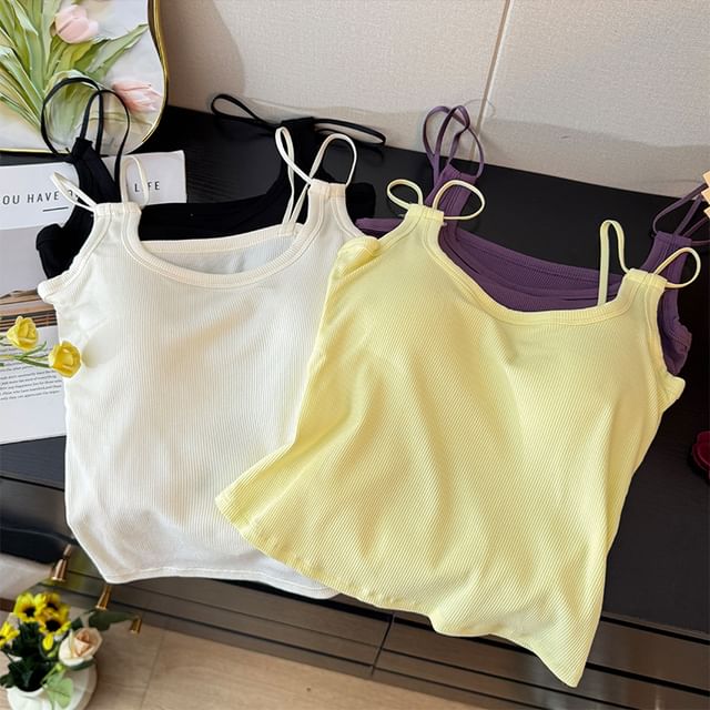 Lemongrass-Spaghetti Strap Scoop Neck Plain Camisole Top