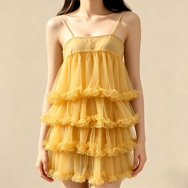 Lemongrass-Spaghetti Strap Sheer Mini Tiered Dress