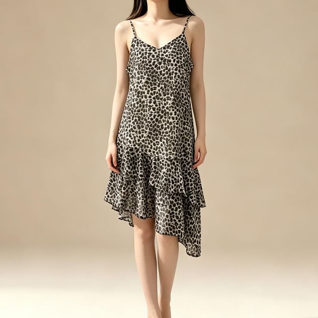 Lemongrass-Spaghetti Strap V-Neck Leopard Print Asymmetrical Mini Dress