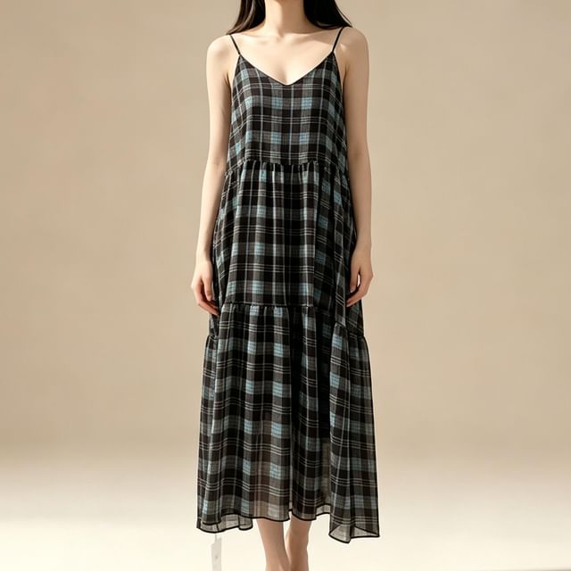 Lemongrass-Spaghetti Strap V-Neck Plaid Midi Dress