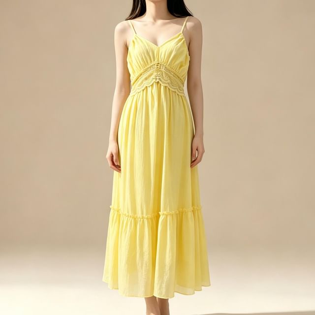 Lemongrass-Spaghetti Strap V-Neck Plain Cutout Back Panel Lace Maxi A-Line Dress