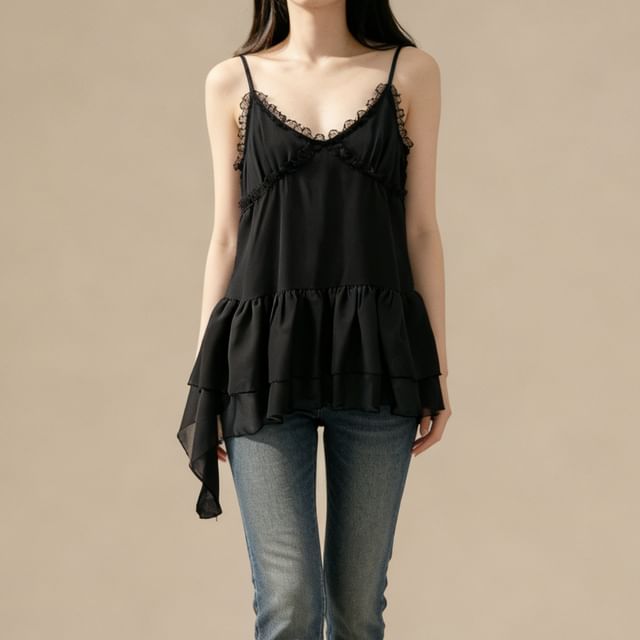 Lemongrass-Spaghetti Strap V-Neck Plain Ruffle Asymmetrical Lace Mini A-Line Dress