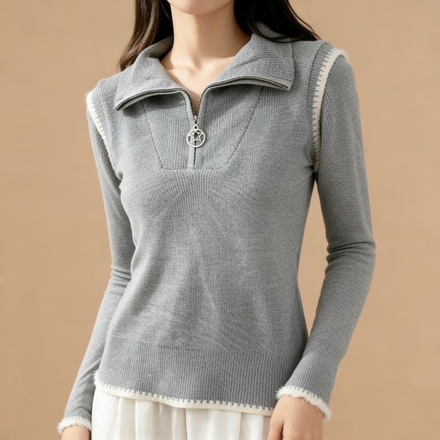 Lemongrass-Stand Collar Contrast Trim Half Zip Sweater