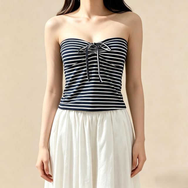 Lemongrass-Striped Drawstring Tube Top