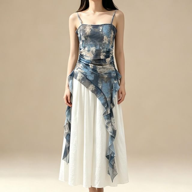 Lemongrass-Tie Dye Ruffle Asymmetrical Camisole Top