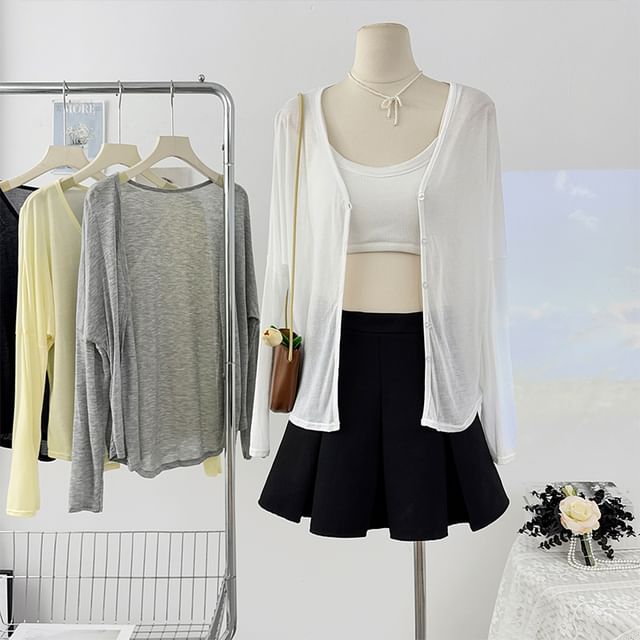 Lemongrass-V-Neck Button-Up Plain Sheer Cardigan