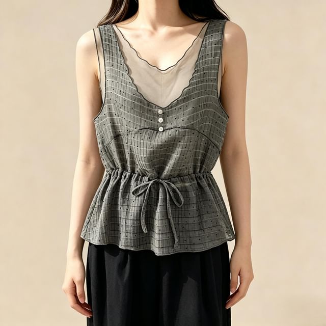 Lemongrass-V-Neck Micro Dot Mesh Panel Drawstring Waist Tank Top