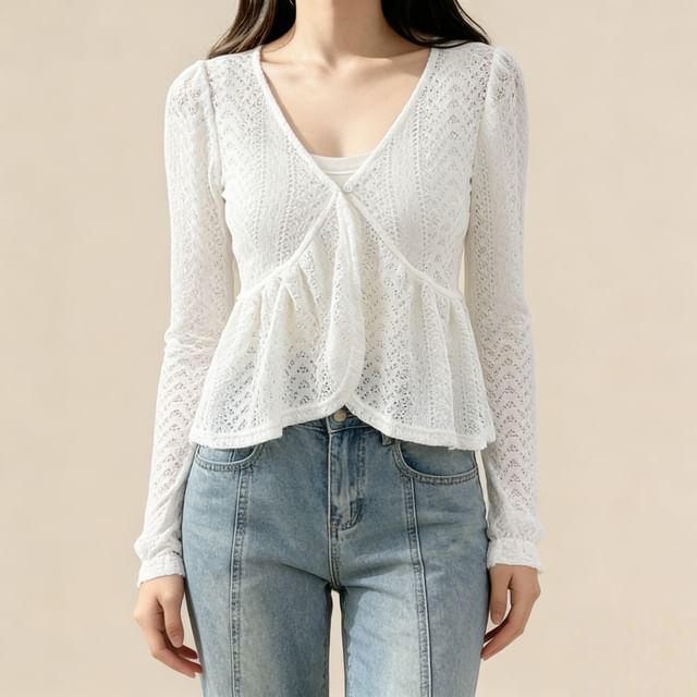 Lemongrass-V-Neck Perforated Button-Up Plain Cardigan