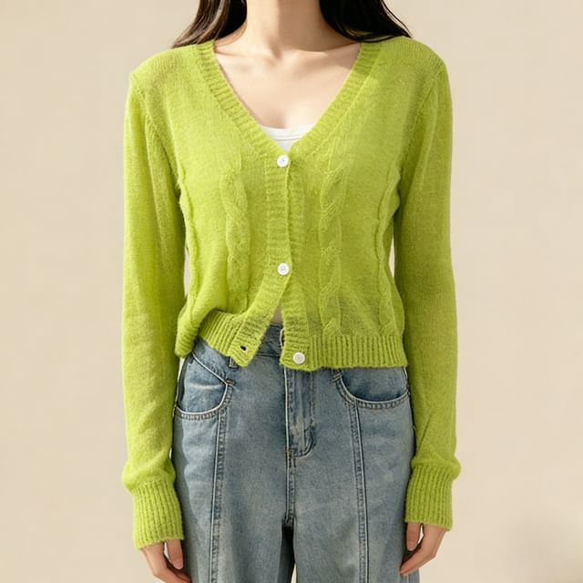 Lemongrass-V-Neck Plain Cable Knit Cardigan