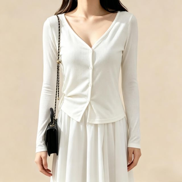 Lemongrass-V-Neck Plain Crop Cardigan