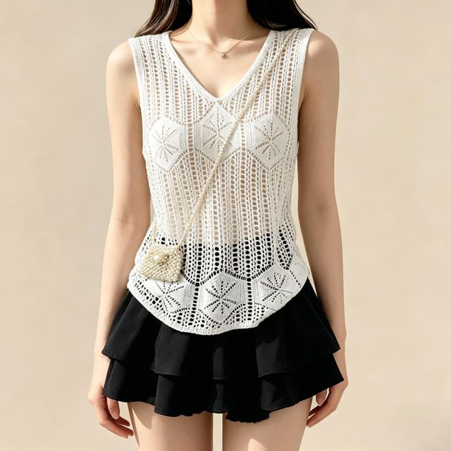 Lemongrass-V-Neck Plain Knit Tank Top