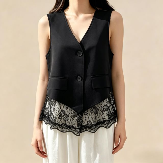 Lemongrass-V-Neck Plain Lace Trim Single-Breasted Vest