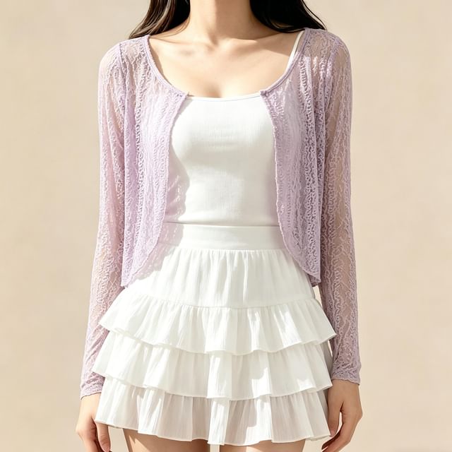 Lemongrass-V-Neck Plain Open Front Crop Cardigan