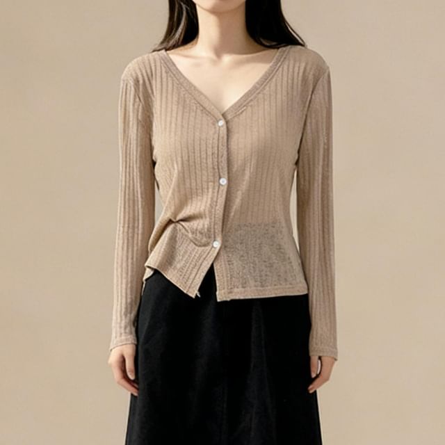 Lemongrass-V-Neck Plain Ribbed Knit Cardigan