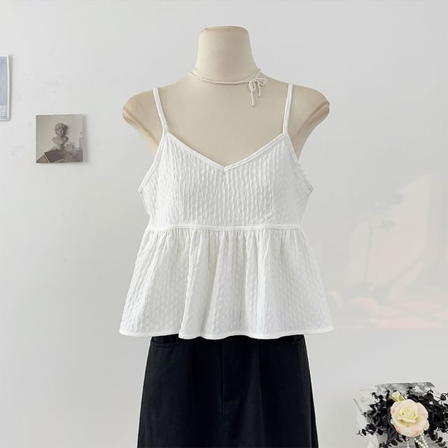 Lemongrass-V-Neck Plain Textured Flowy Crop Cami Top