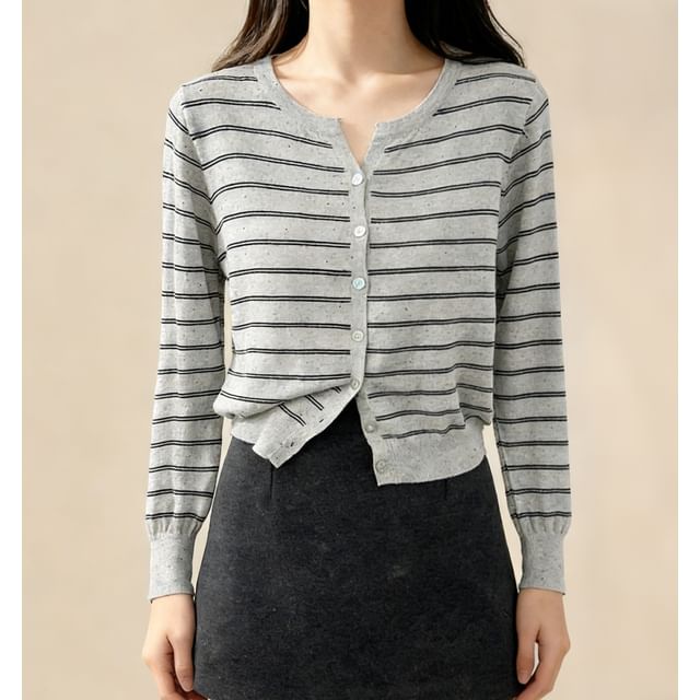 Lemongrass-V-Neck Striped Cardigan