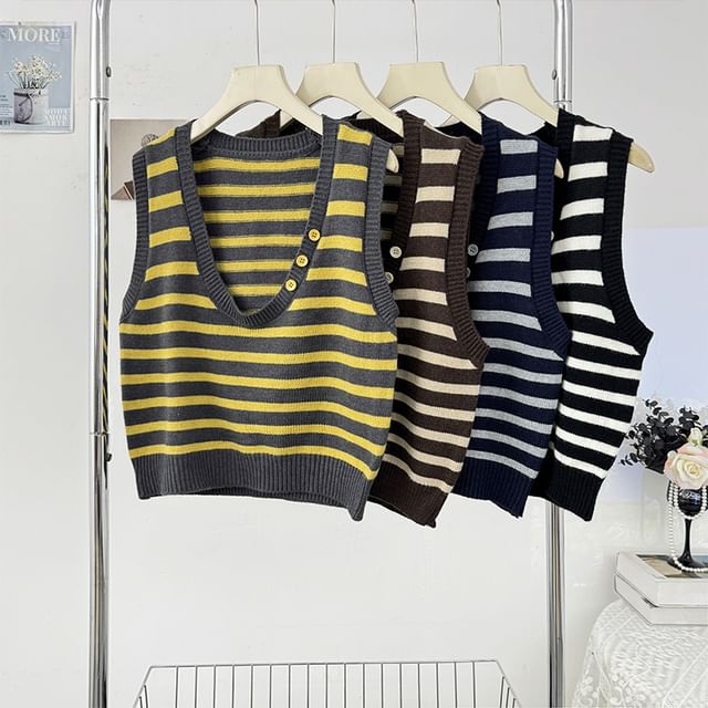 Lemongrass-V-Neck Striped Knit Vest