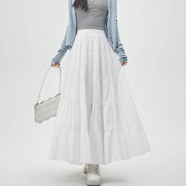 Leoom-High Waist Plain Maxi A-Line Skirt
