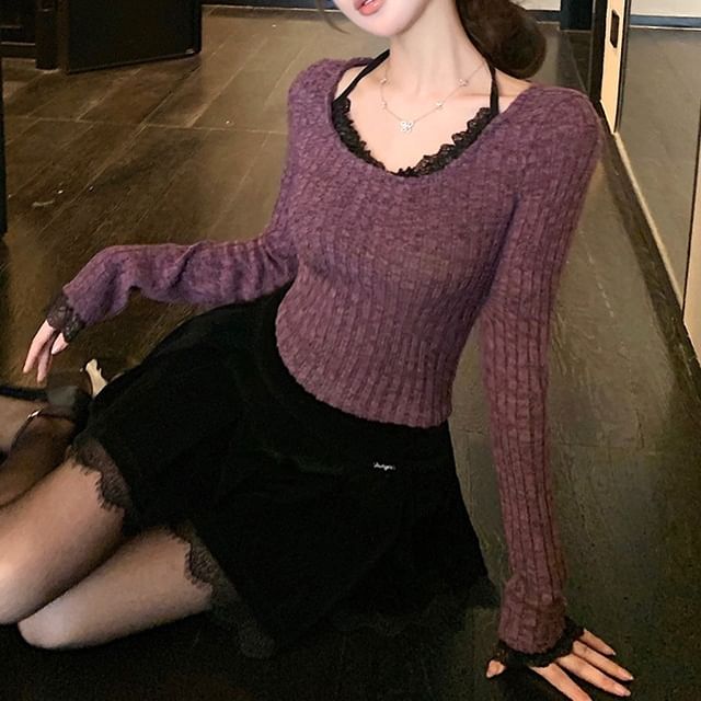 Leoom-Long Sleeve Halter Mock Two Piece Ribbed Panel Lace Top