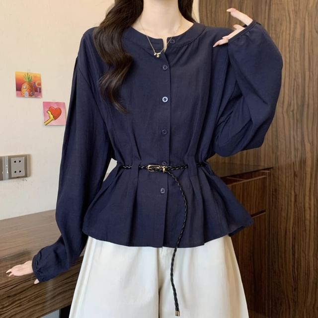 Leoom-Long Sleeve Round Neck Plain Peplum Blouse