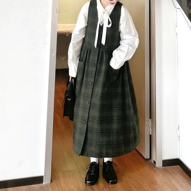 Leoom-Long Sleeve Tie Neck Plain Blouse V-Neck Plaid Button Midi A-Line Overall Dress