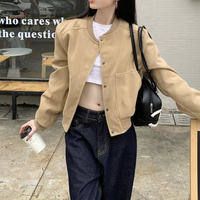 Leoom-Plain Button Baseball Jacket