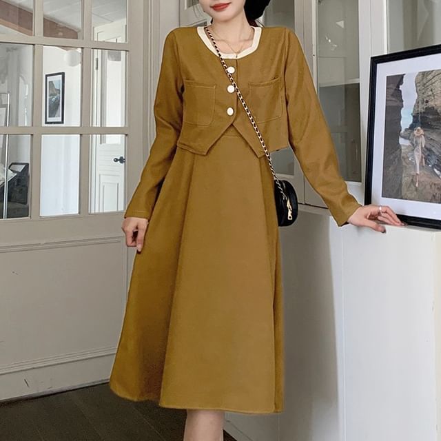 Leoom-Set Long Sleeve Crew Neck Two Tone Button Corduroy Top Spaghetti Strap Midi A-Line Dress