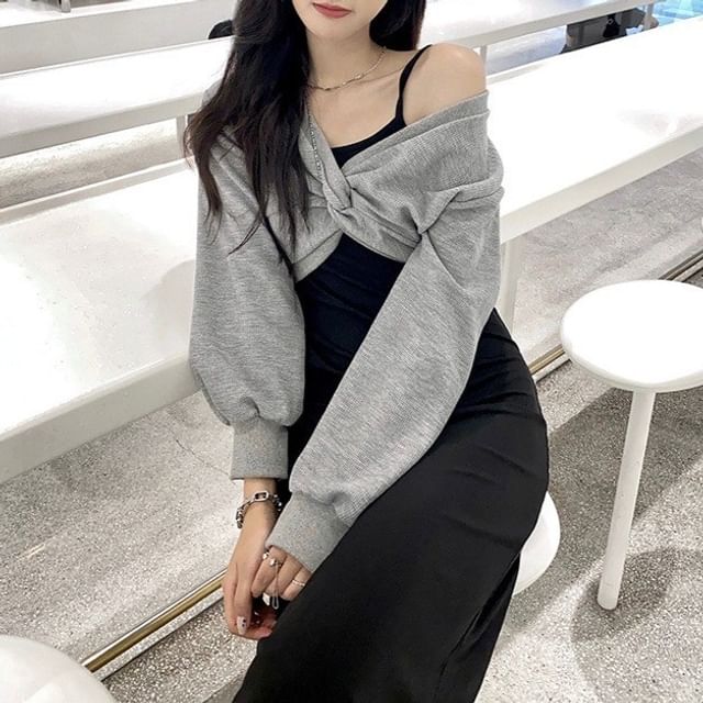 Leoom-Set Long Sleeve V-Neck Plain Twist Crop Top Spaghetti Strap Plain Midi A-Line Dress