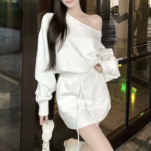 Leoom-Set One Shoulder Plain Sweatshirt Drawstring Waist Mini Pencil Skirt