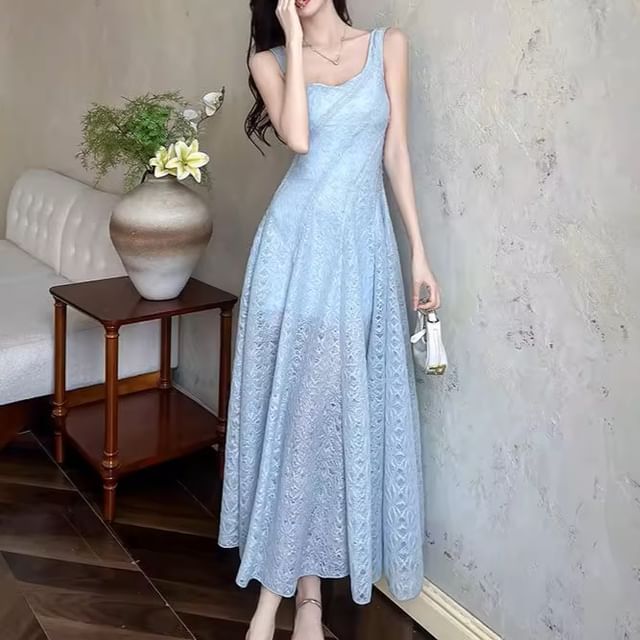 Leoom-Sleeveless Square Neck Plain Maxi A-Line Dress