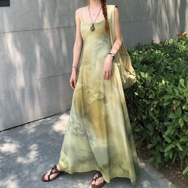 Leoom-Spaghetti Strap Tie-Dye Maxi A-Line Dress