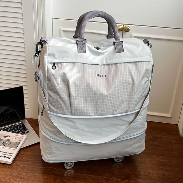 leopar-Contrast Handle Plaid Nylon Duffel Bag